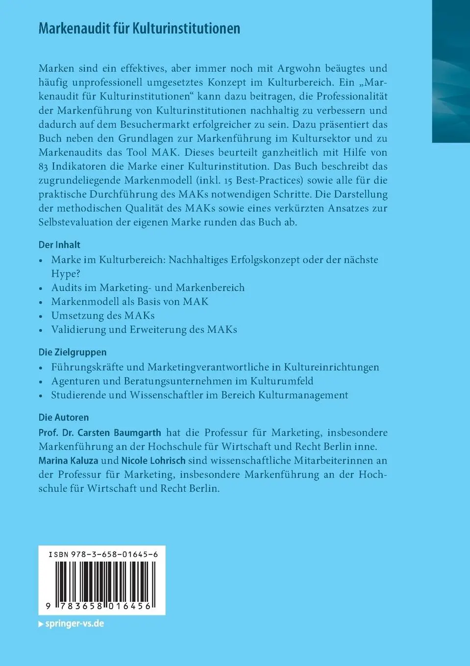 Rückseite: 9783658016456 | Markenaudit für Kulturinstitutionen | Carsten Baumgarth (u. a.) | Buch