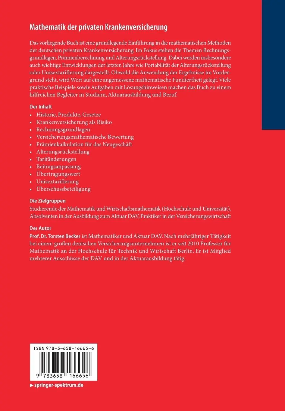 Rückseite: 9783658166656 | Mathematik der privaten Krankenversicherung | Torsten Becker | Buch