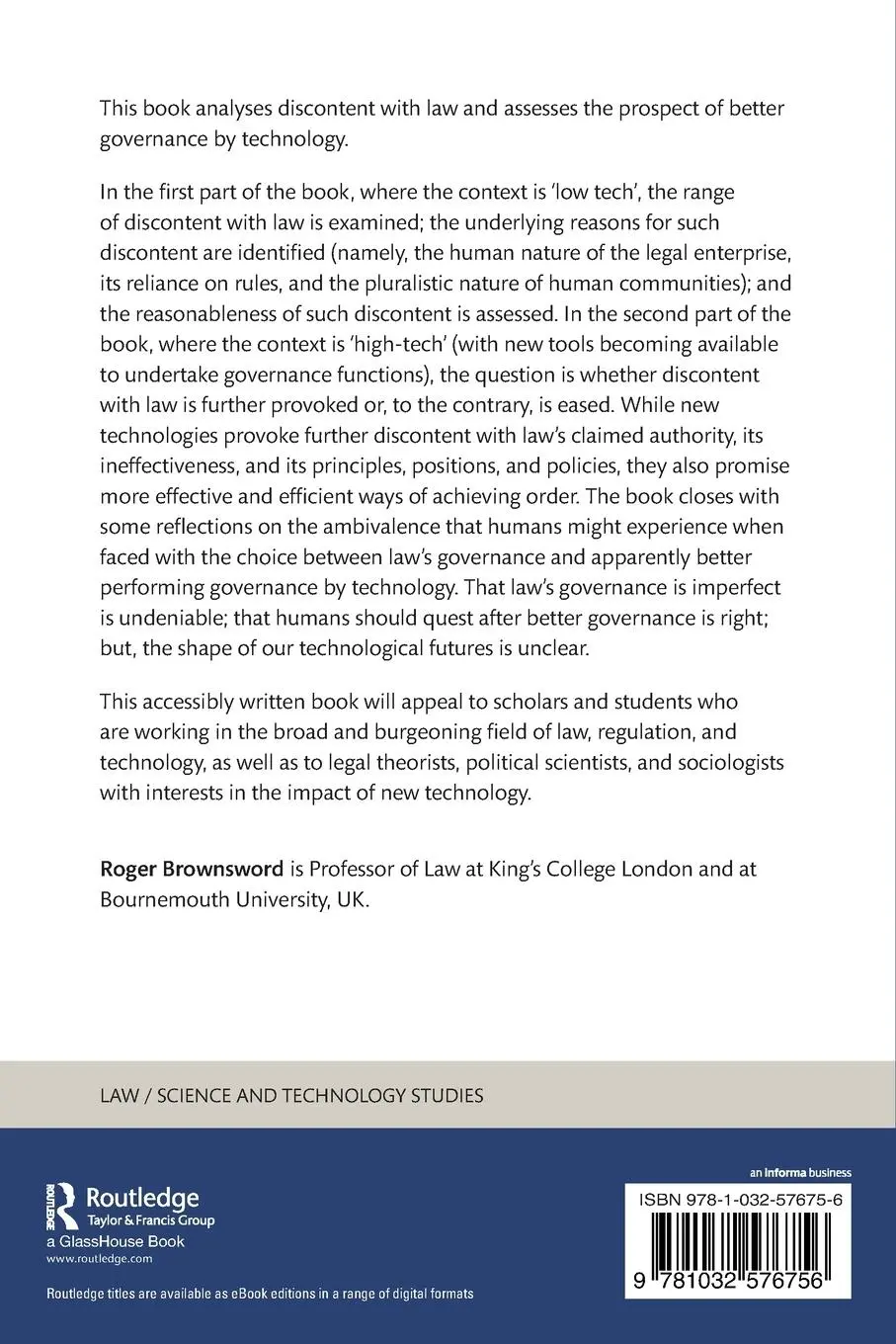 Rückseite: 9781032576756 | Technology, Humans, and Discontent with Law | Roger Brownsword | Buch