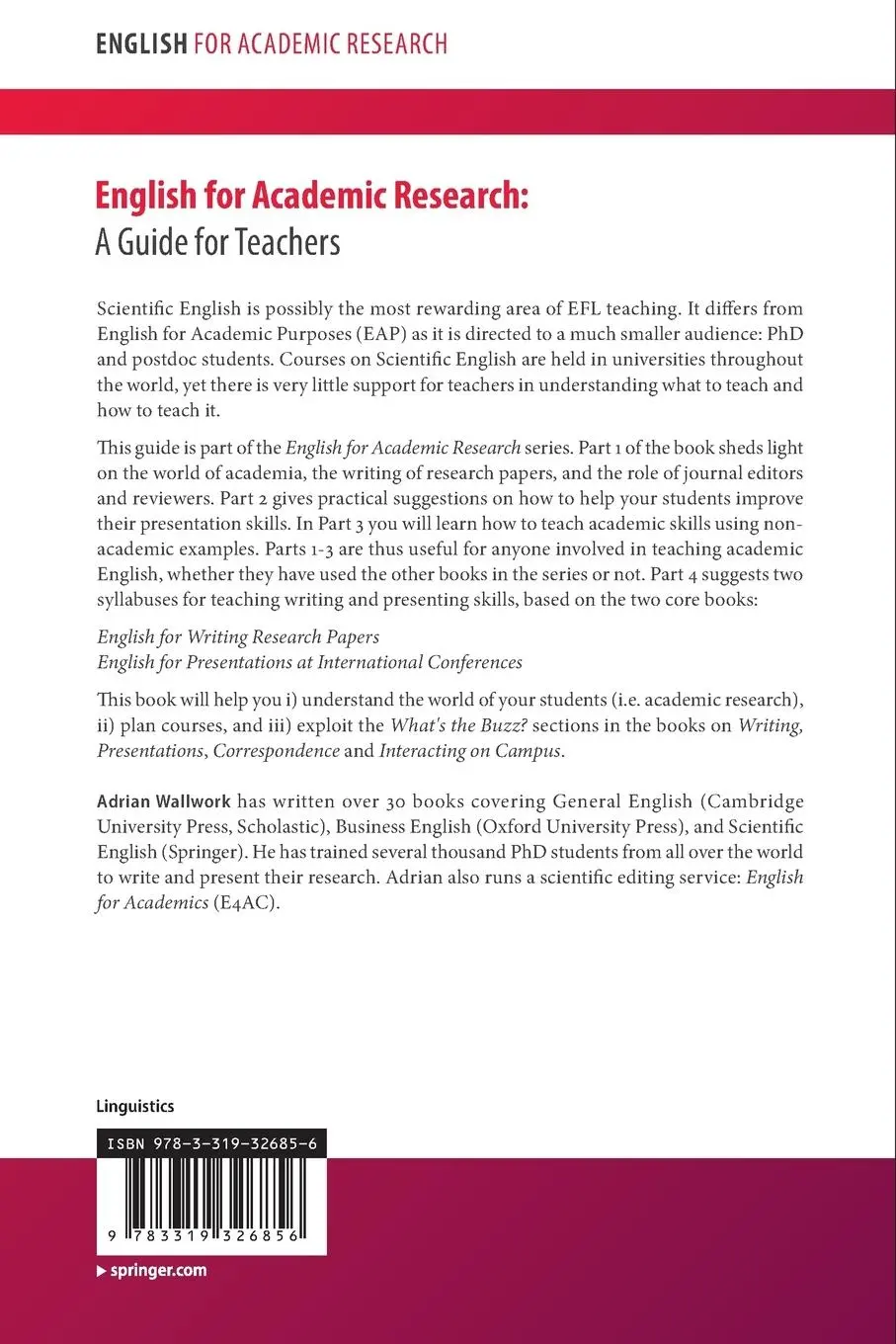 Rückseite: 9783319326856 | English for Academic Research: A Guide for Teachers | Adrian Wallwork