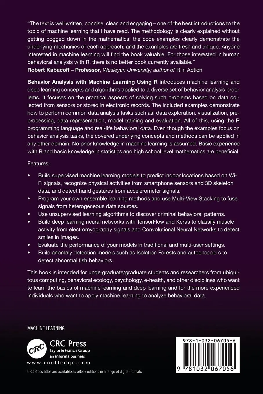 Rückseite: 9781032067056 | Behavior Analysis with Machine Learning Using R | Enrique Garcia Ceja