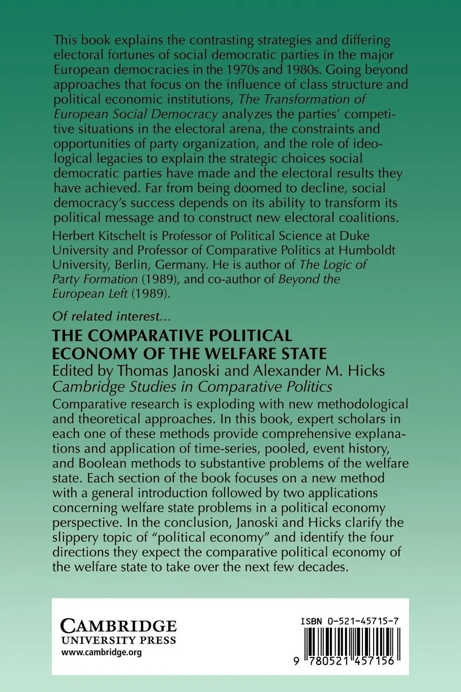 Rückseite: 9780521457156 | The Transformation of European Social Democracy | Kitschelt (u. a.)