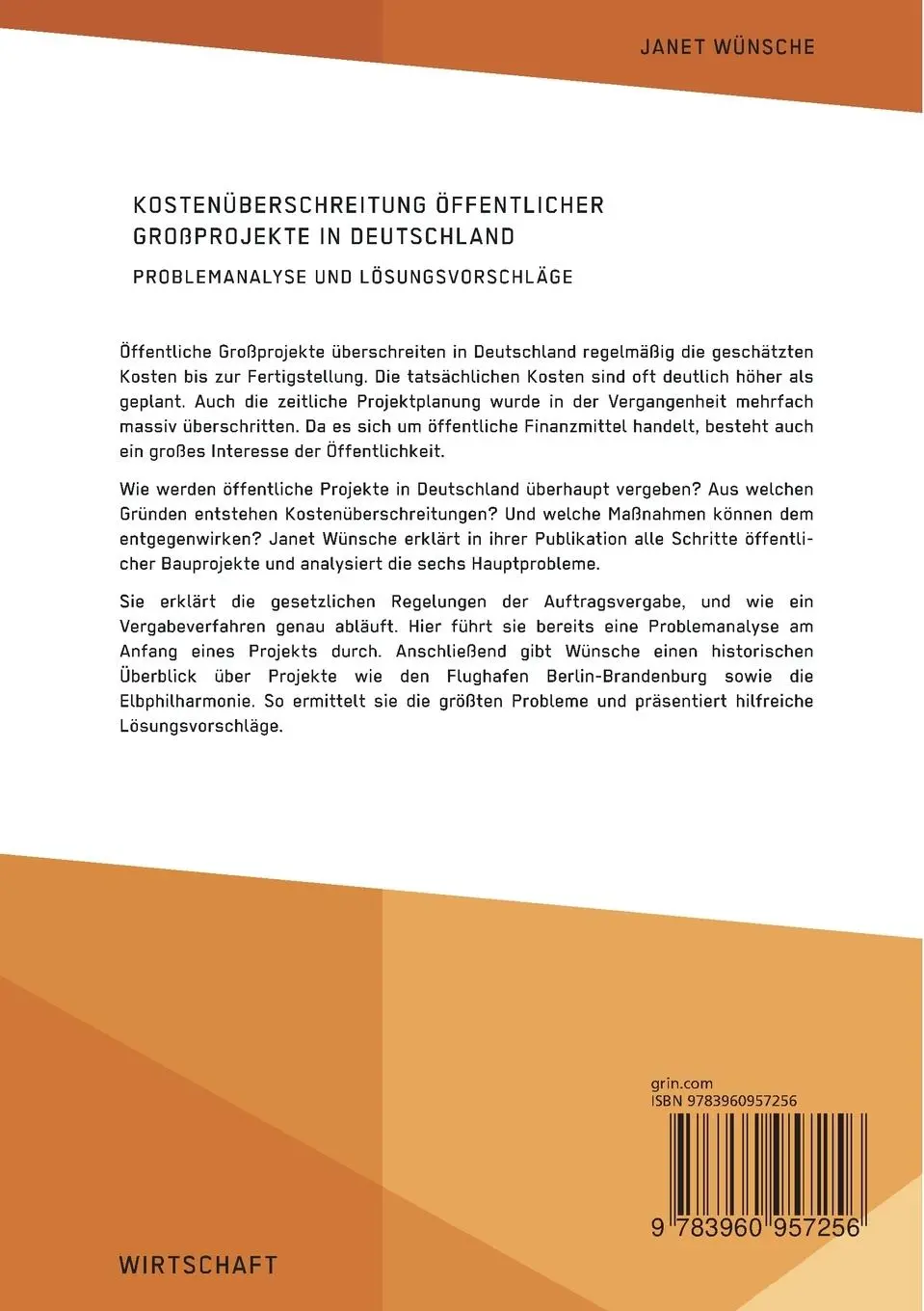 Rückseite: 9783960957256 | Kostenüberschreitung öffentlicher Großprojekte in Deutschland....