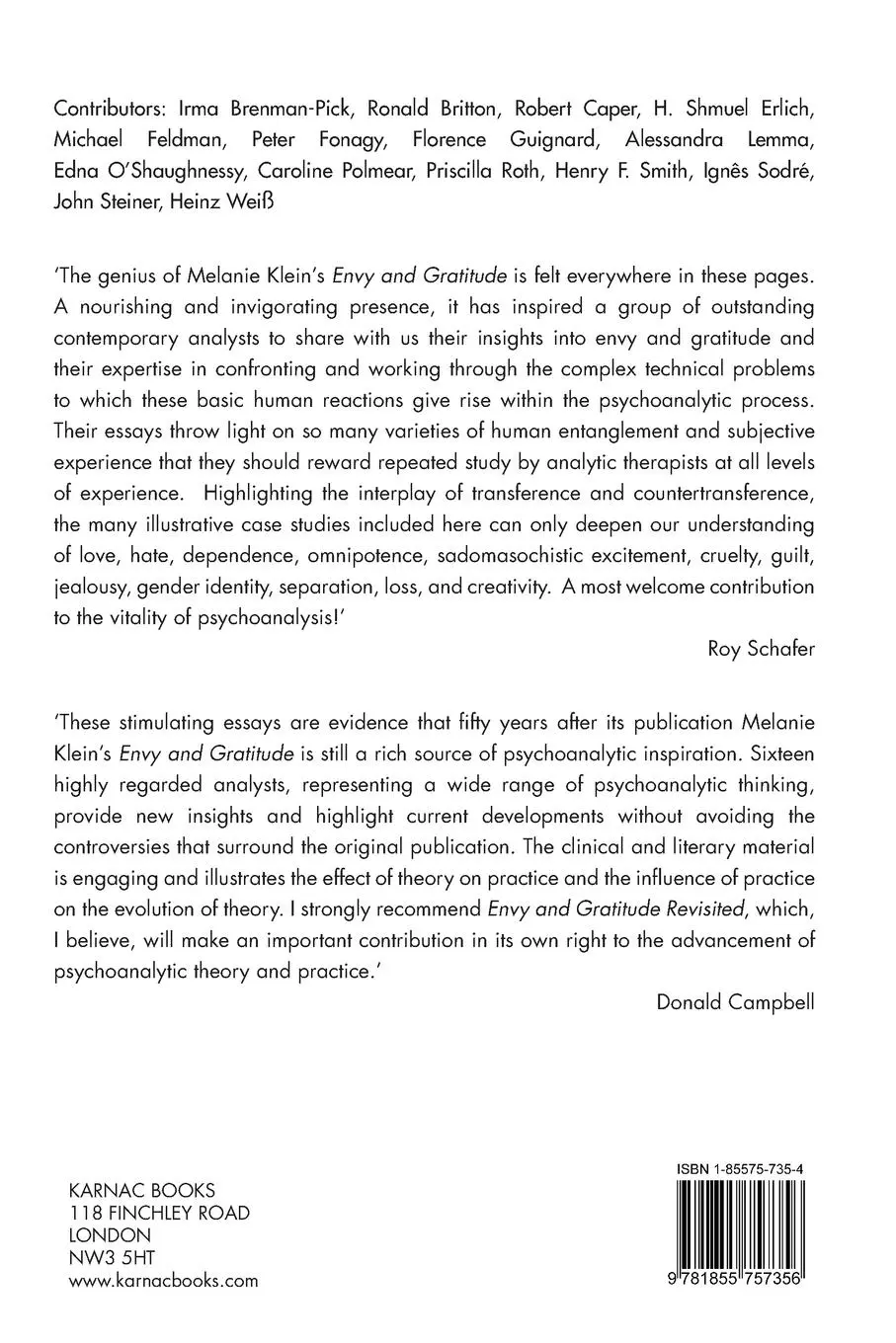 Rückseite: 9781855757356 | Envy and Gratitude Revisited | Alessandra Lemma (u. a.) | Taschenbuch