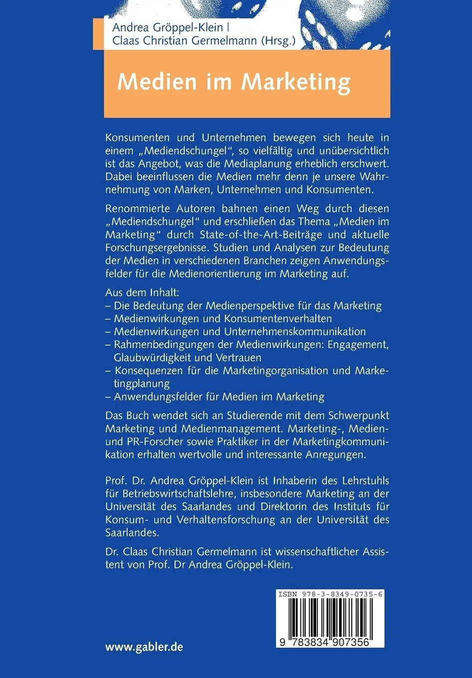 Rückseite: 9783834907356 | Medien im Marketing | Optionen der Unternehmenskommunikation | Buch