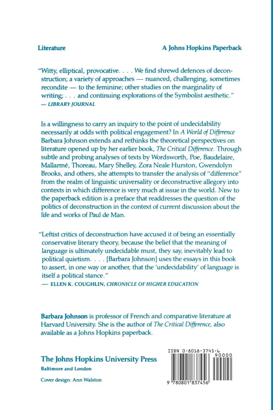 Rückseite: 9780801837456 | A World of Difference | Barbara Johnson | Taschenbuch | Englisch
