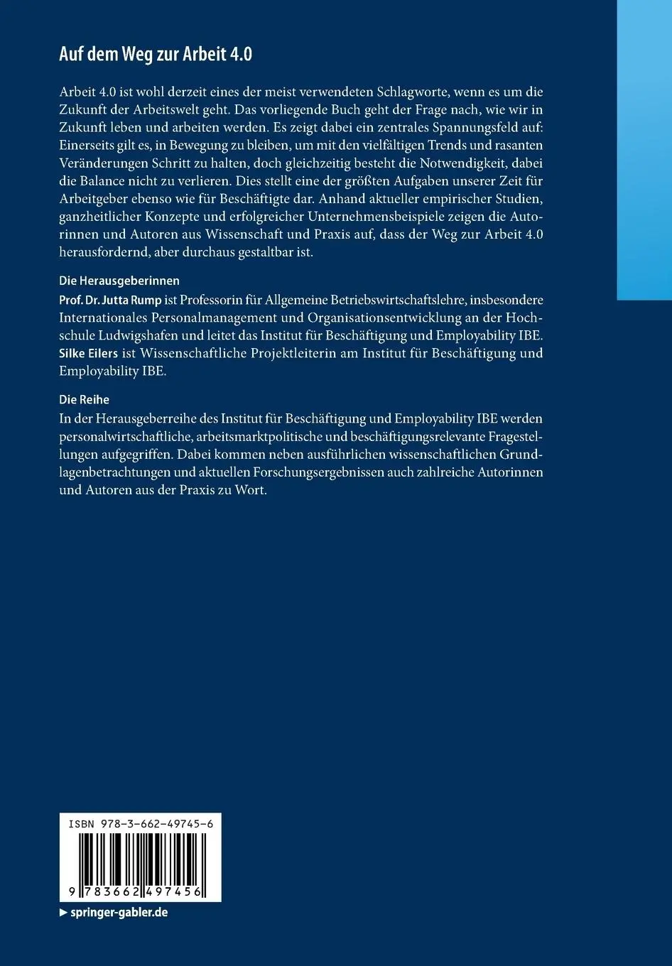 Rückseite: 9783662497456 | Auf dem Weg zur Arbeit 4.0 | Innovationen in HR | Silke Eilers (u. a.)