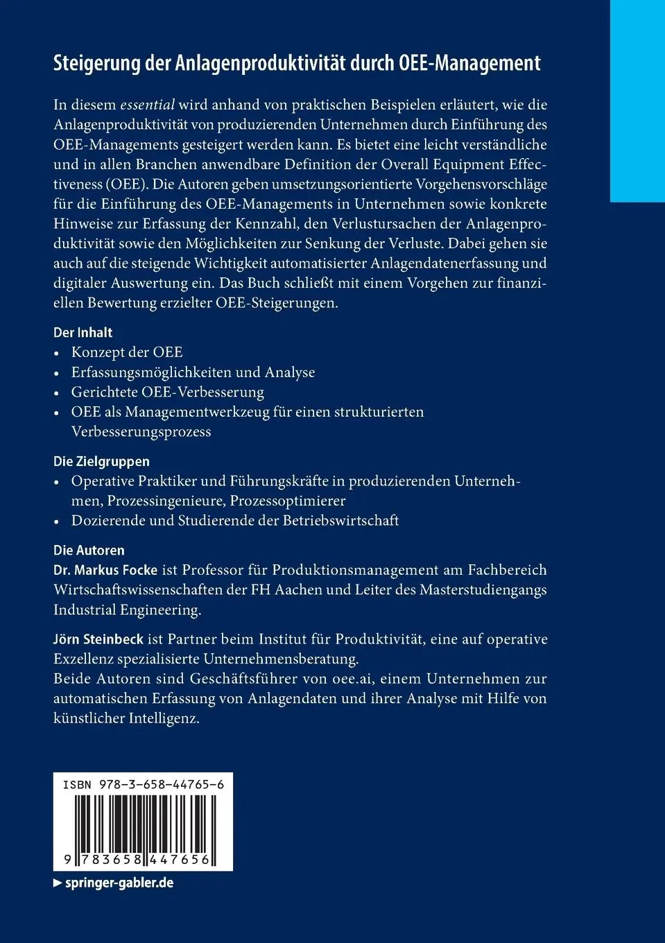 Rückseite: 9783658447656 | Steigerung der Anlagenproduktivität durch OEE-Management | Taschenbuch