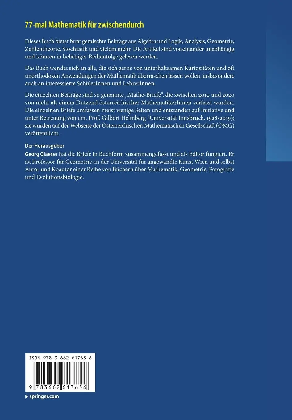 Rückseite: 9783662617656 | 77-mal Mathematik für zwischendurch | Georg Glaeser | Taschenbuch | x