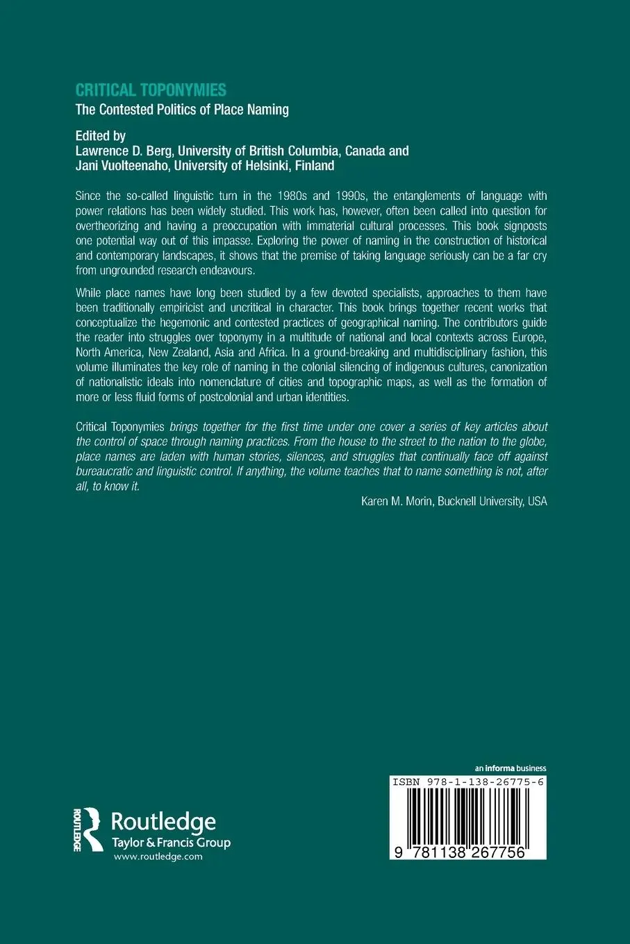 Rückseite: 9781138267756 | Critical Toponymies | The Contested Politics of Place Naming | Buch