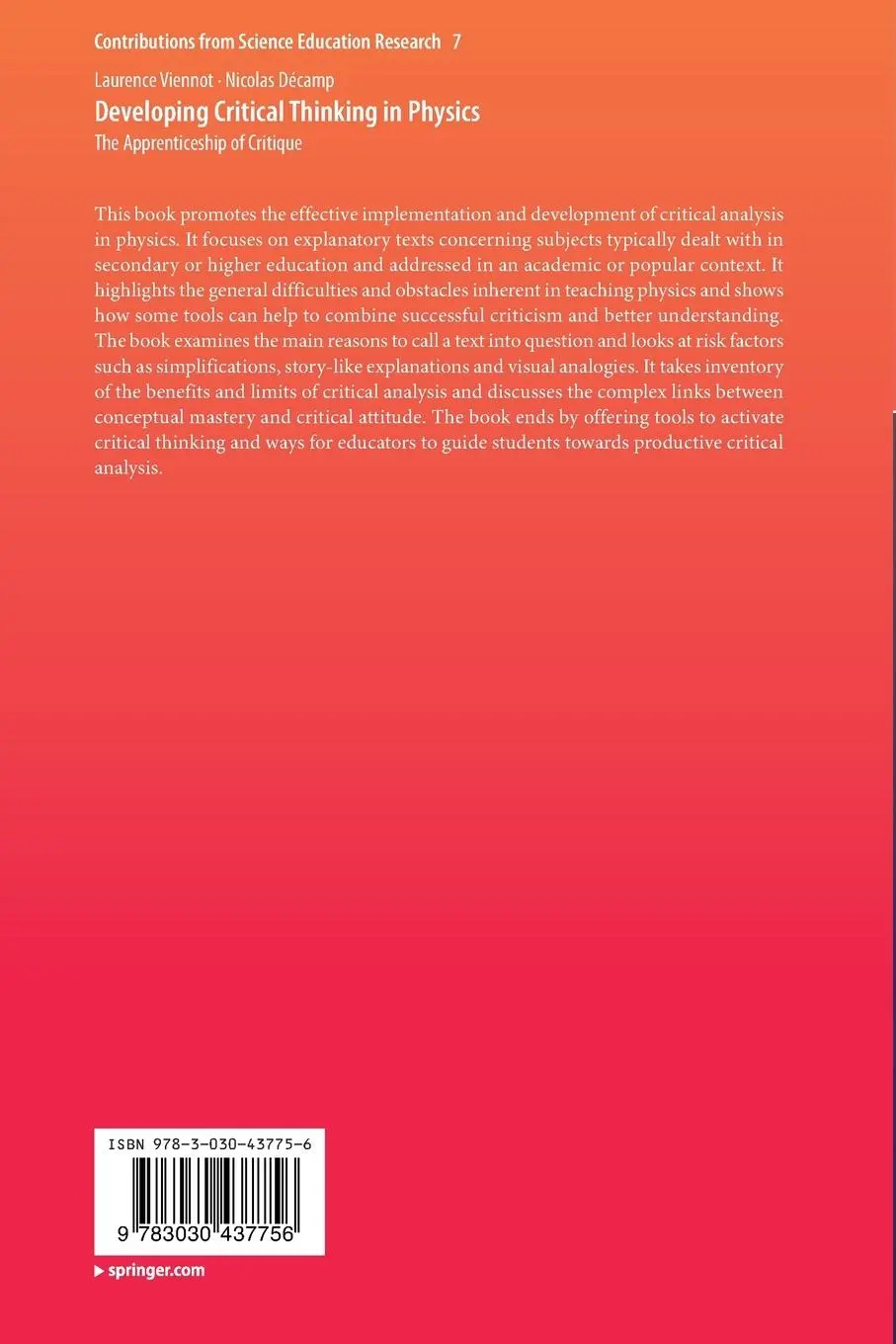 Rückseite: 9783030437756 | Developing Critical Thinking in Physics | Laurence Viennot (u. a.)