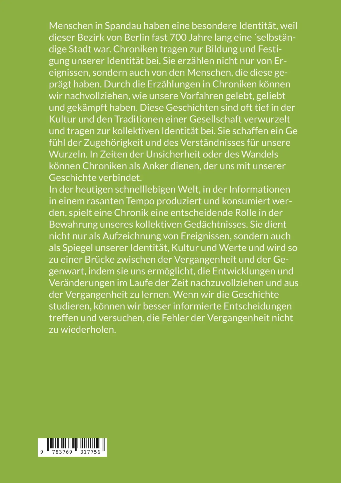 Rückseite: 9783769317756 | Chronik der Stadt Spandau | Mit Urkunden und Erklärungen | Simang