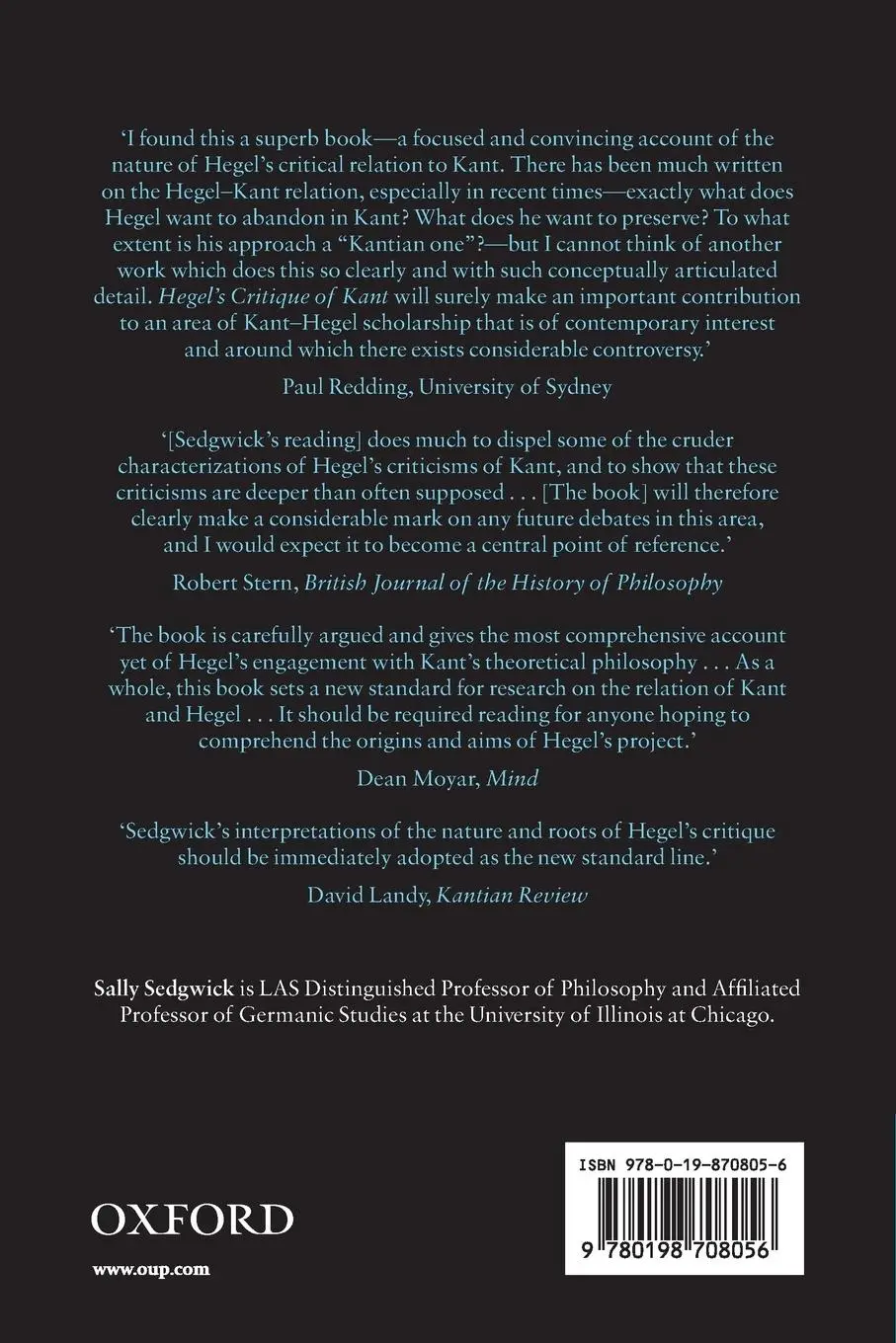 Rückseite: 9780198708056 | Hegel's Critique of Kant | From Dichotomy to Identity | Sally Sedgwick
