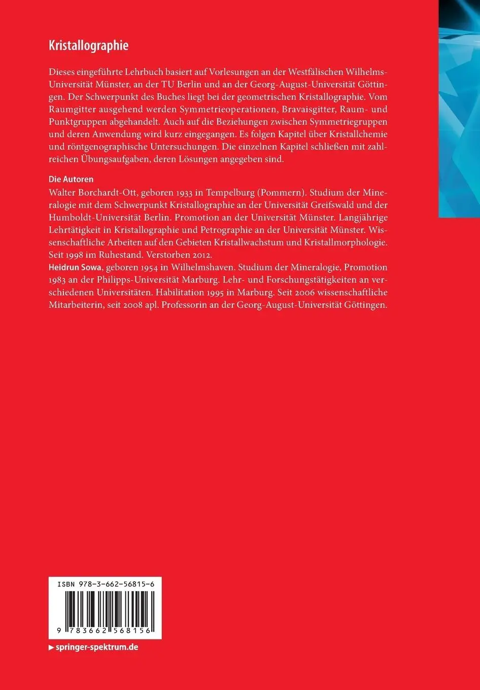 Rückseite: 9783662568156 | Kristallographie | Heidrun Sowa (u. a.) | Taschenbuch | xii | Deutsch