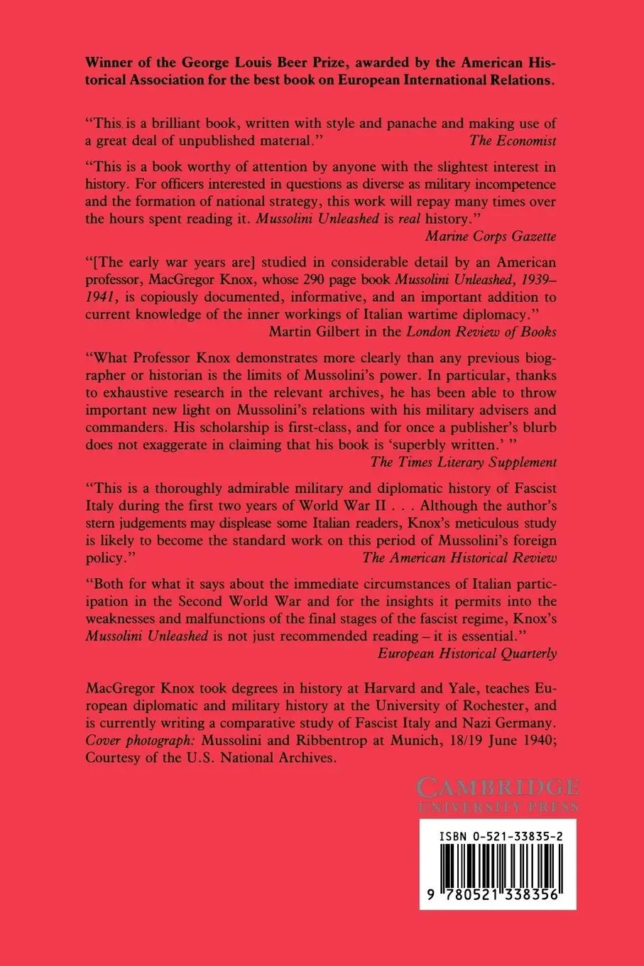 Rückseite: 9780521338356 | Mussolini Unleashed, 1939 1941 | MacGregor Knox (u. a.) | Taschenbuch