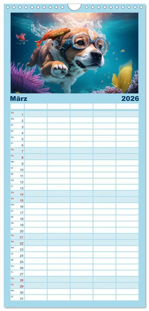 Bild: 9783516498356 | Familienplaner 2026 - Hunde abgetaucht mit 5 Spalten (Wandkalender,...