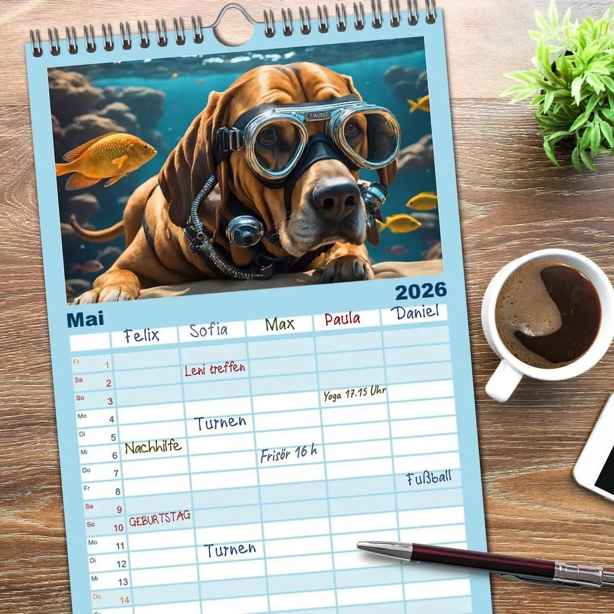 Bild: 9783516498356 | Familienplaner 2026 - Hunde abgetaucht mit 5 Spalten (Wandkalender,...