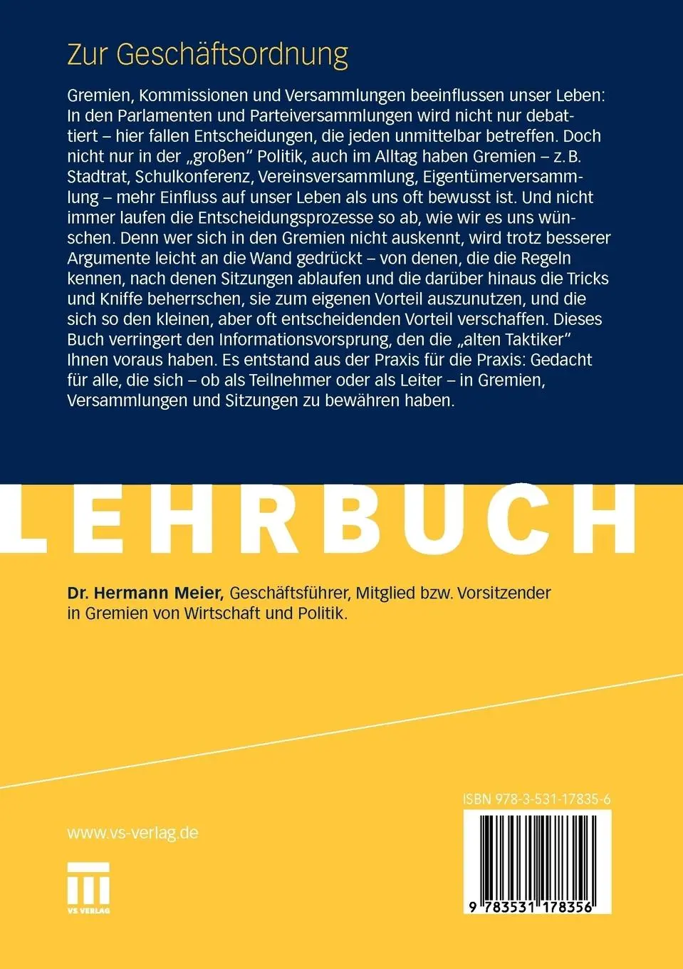 Rückseite: 9783531178356 | Zur Geschäftsordnung | Hermann Meier | Taschenbuch | 183 S. | Deutsch