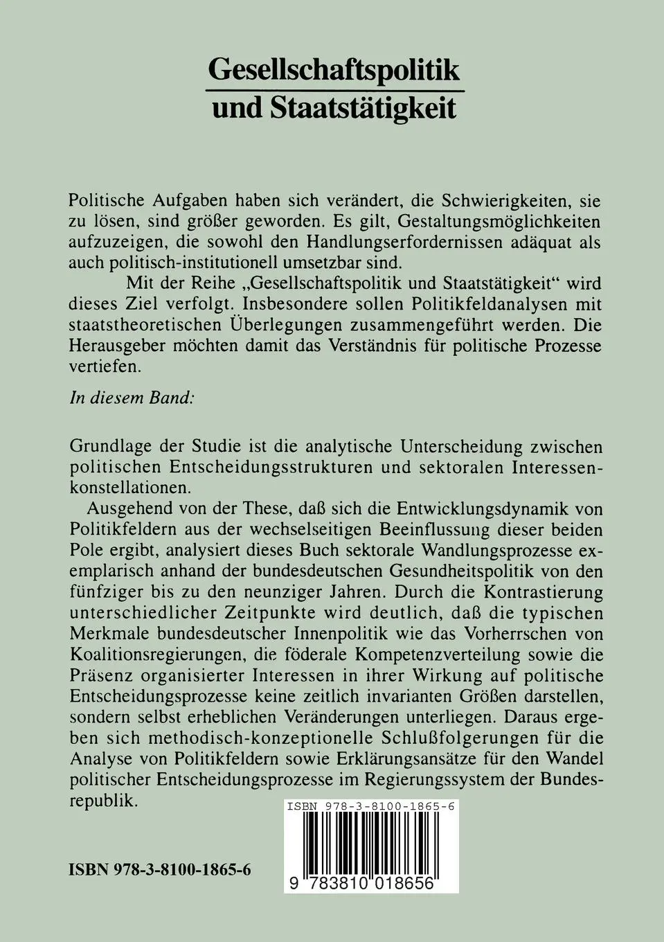 Rückseite: 9783810018656 | Strukturbildung von Politikfeldern | Marian Döhler (u. a.) | Buch