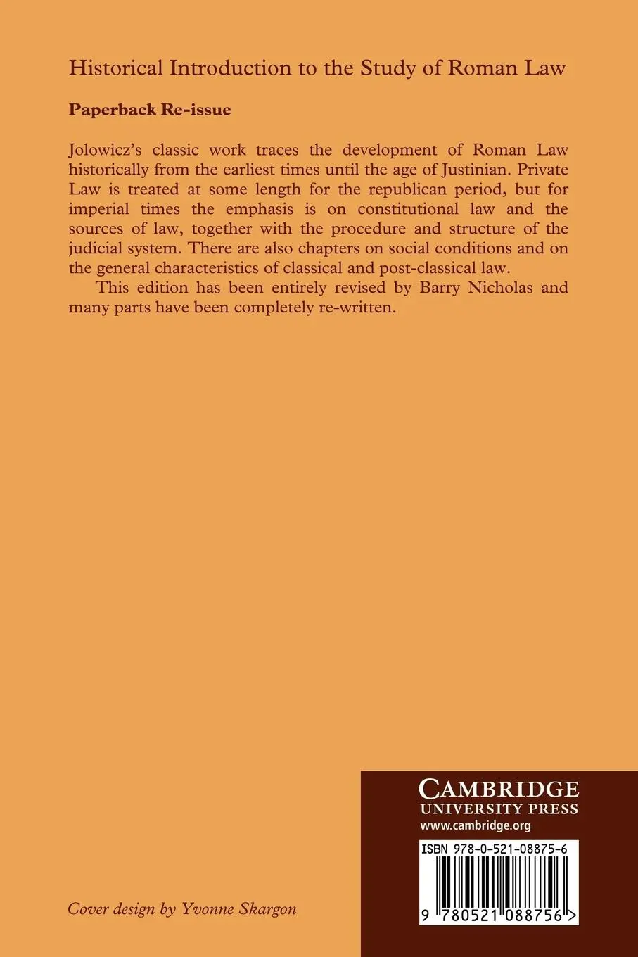 Rückseite: 9780521088756 | A Historical Introduction to the Study of Roman Law | Jolowicz (u. a.)