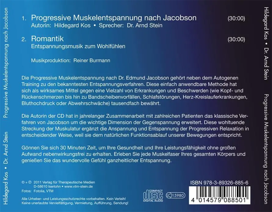 Rückseite: 9783893268856 | Progressive Muskelentspannung nach Jacobson. CD | Arnd Stein (u. a.)