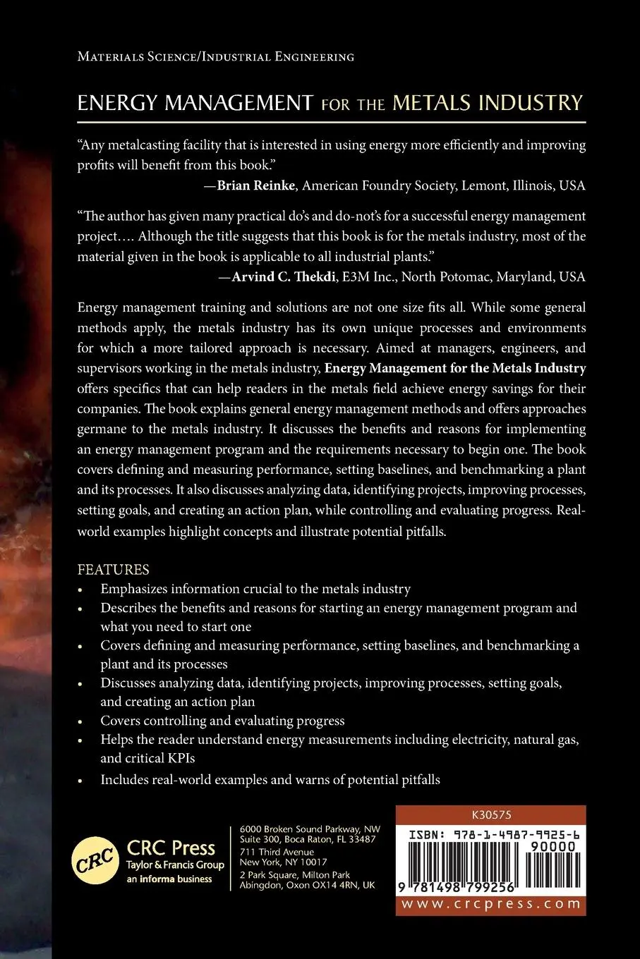 Rückseite: 9781498799256 | Energy Management for the Metals Industry | Cynthia K. Belt | Buch