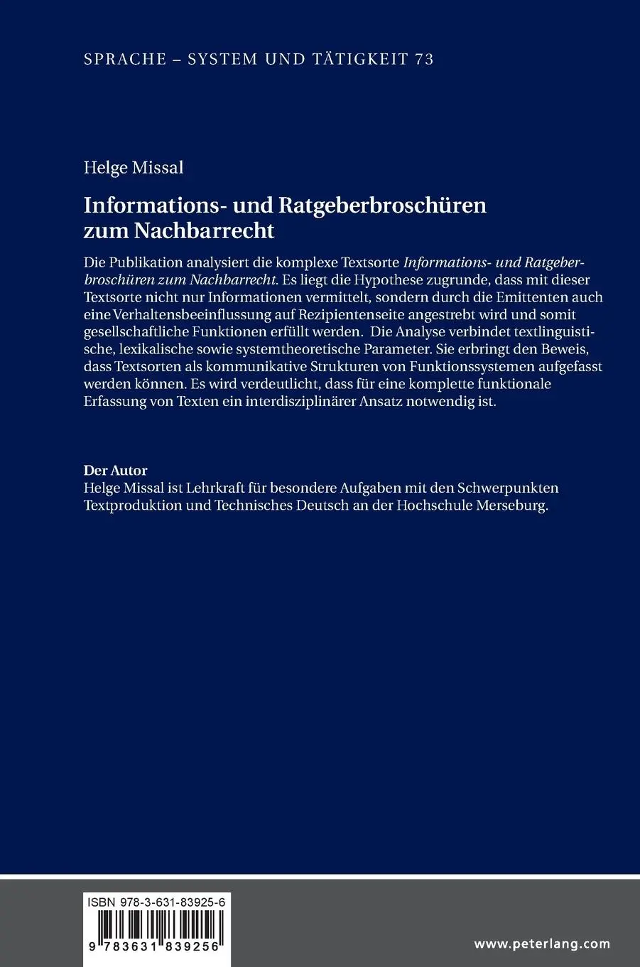 Rückseite: 9783631839256 | Informations- und Ratgeberbroschüren zum Nachbarrecht | Helge Missal