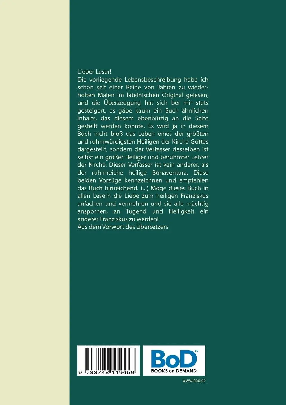 Rückseite: 9783748119456 | Das Leben des heiligen Franziskus von Assisi | Bagnoregio | Buch