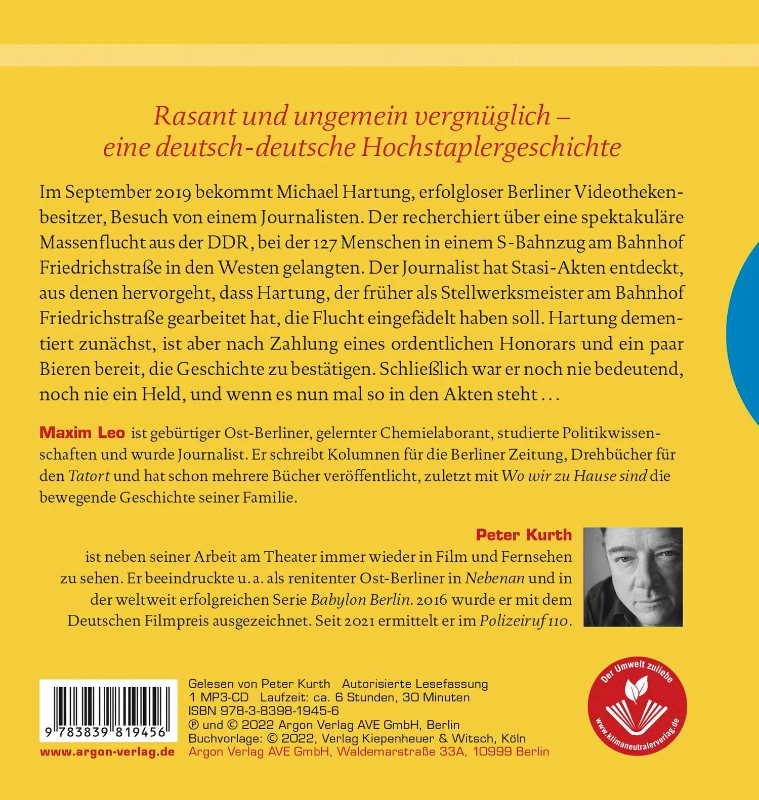 Rückseite: 9783839819456 | Der Held vom Bahnhof Friedrichstraße | Roman | Maxim Leo | MP3 | 2022