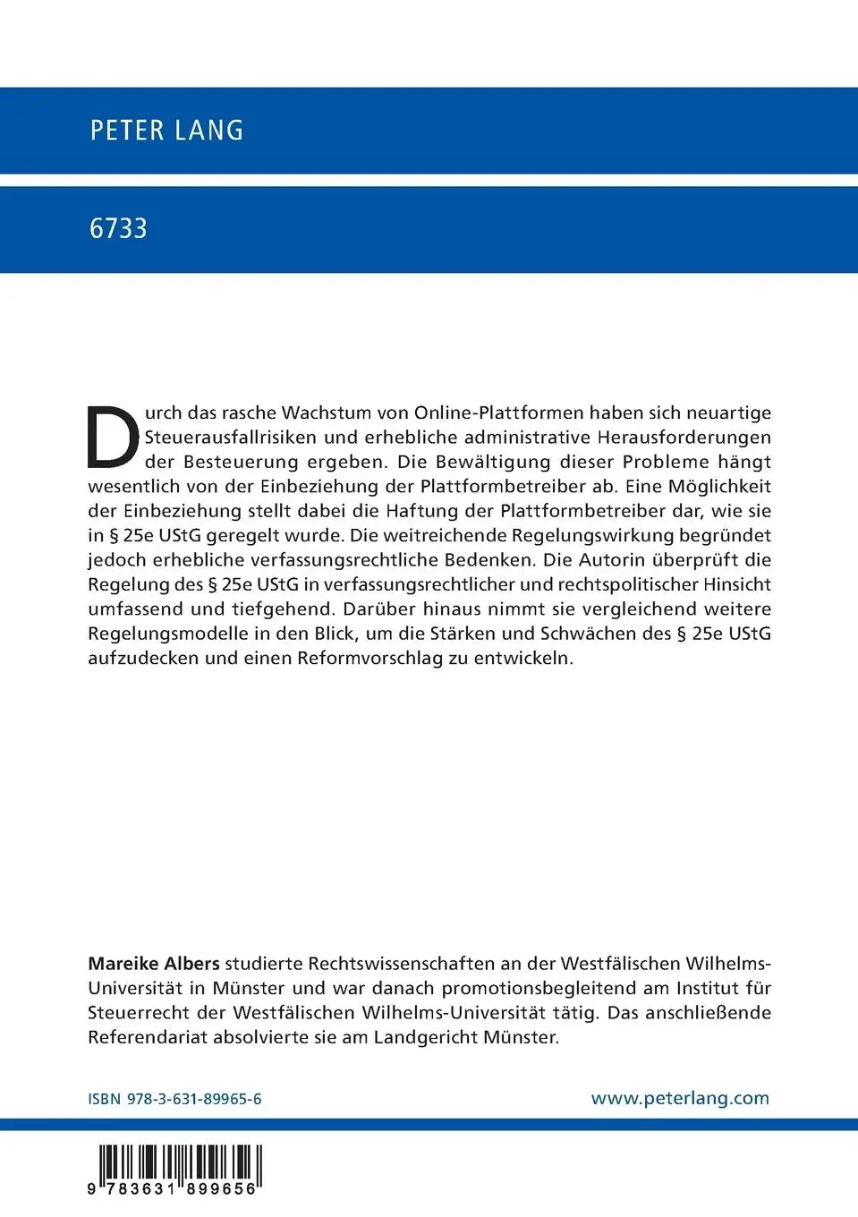 Rückseite: 9783631899656 | Die Haftung der Plattformbetreiber gemäß § 25e UStG und mögliche...