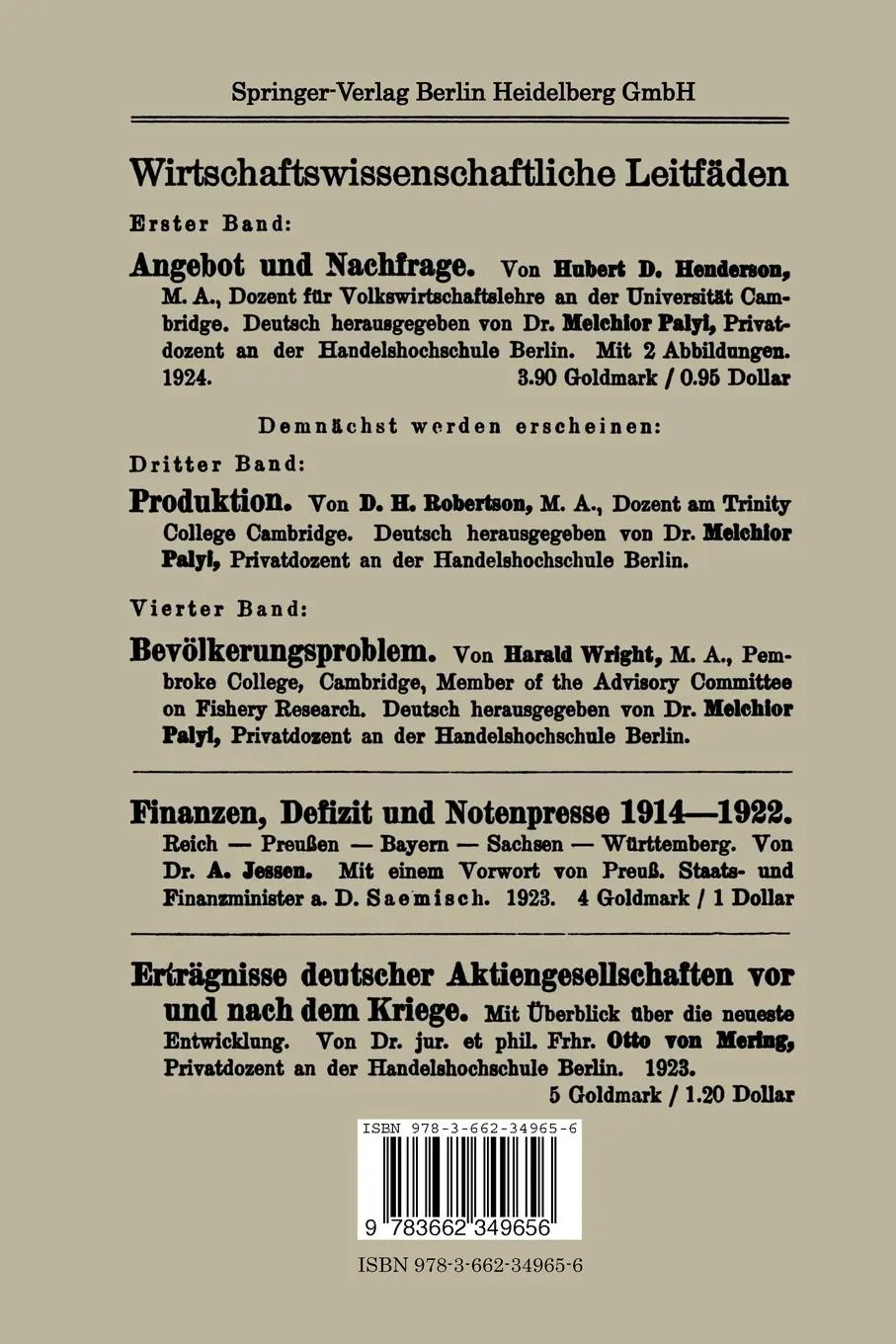 Rückseite: 9783662349656 | Das Geld | Melchior Palyi (u. a.) | Taschenbuch | vii | Deutsch