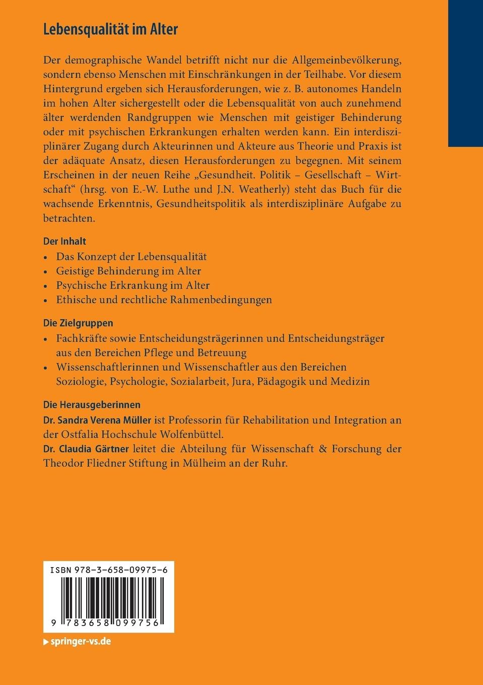 Rückseite: 9783658099756 | Lebensqualität im Alter | Claudia Gärtner (u. a.) | Taschenbuch | x