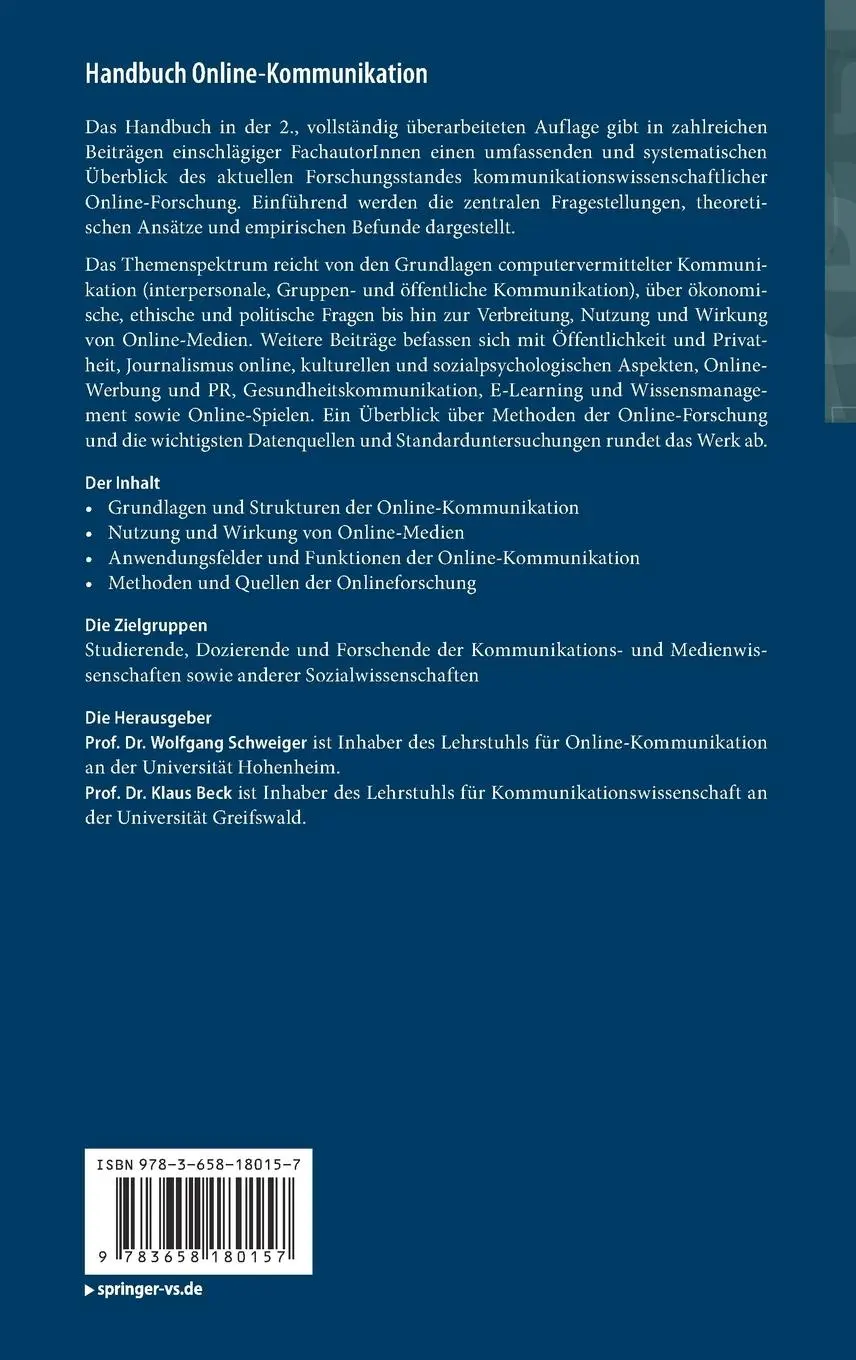 Rückseite: 9783658180157 | Handbuch Online-Kommunikation | Klaus Beck (u. a.) | Buch | ix | 2019