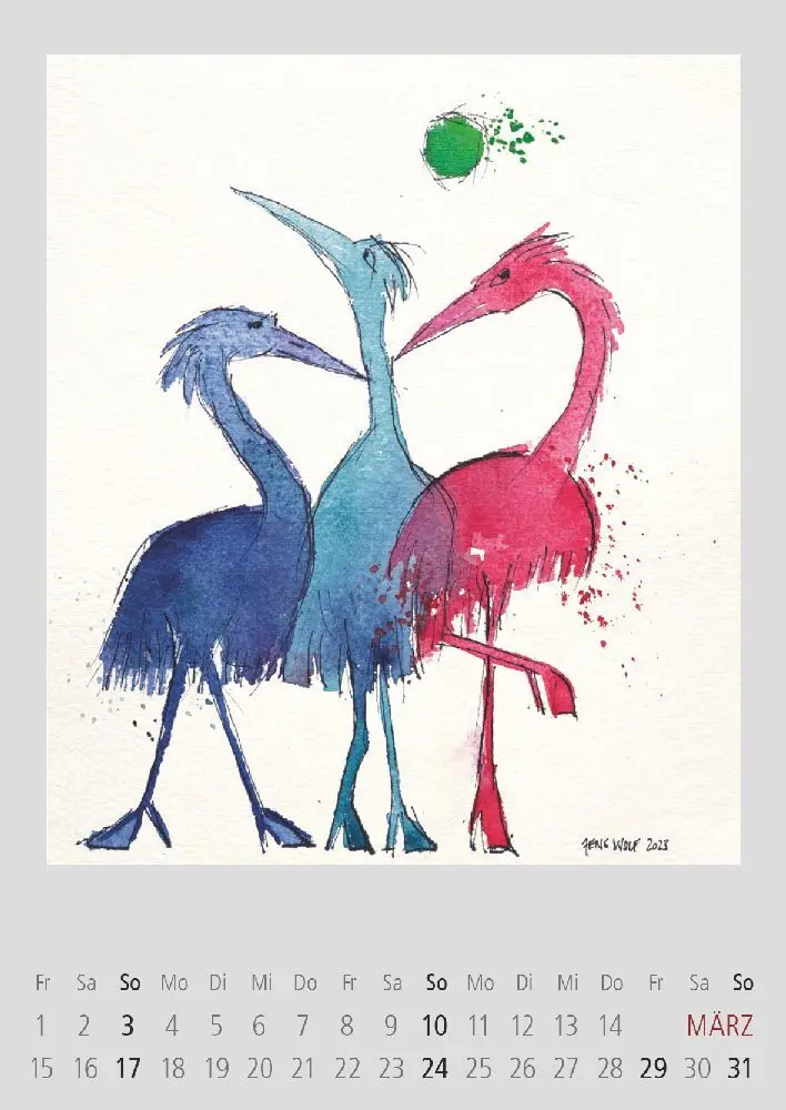 Bild: 9783985490257 | Bunte Begegnungen 2025 | Monatskalender mit Motiven von Jens Wolf