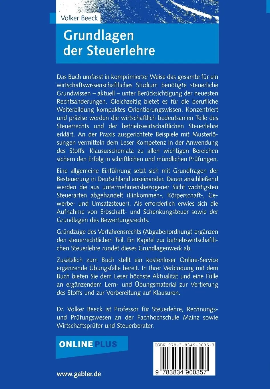 Rückseite: 9783834900357 | Grundlagen der Steuerlehre | Volker Beeck | Taschenbuch | Deutsch