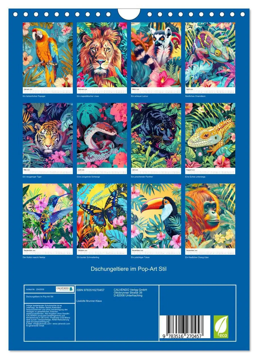 Bild: 9783516270457 | Dschungeltiere im Pop-Art Stil (Wandkalender 2026 DIN A4 hoch),...