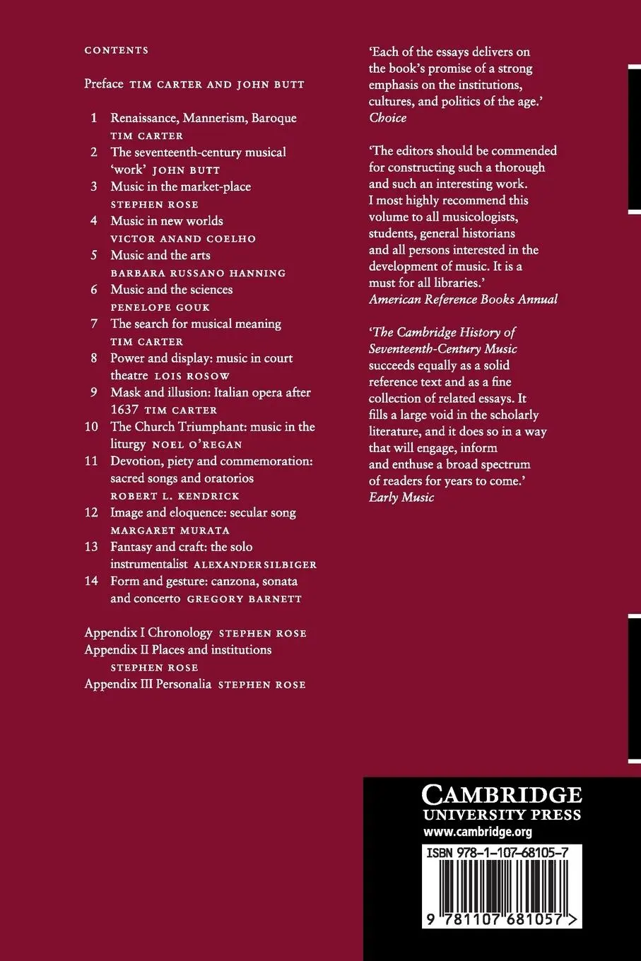 Rückseite: 9781107681057 | The Cambridge History of Seventeenth-Century Music | Carter (u. a.)