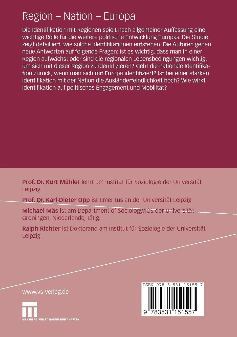 Rückseite: 9783531151557 | Region - Nation - Europa | Karl-Dieter Opp (u. a.) | Taschenbuch | vii