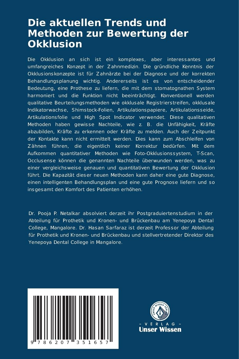Rückseite: 9786207351657 | Die aktuellen Trends und Methoden zur Bewertung der Okklusion | Buch