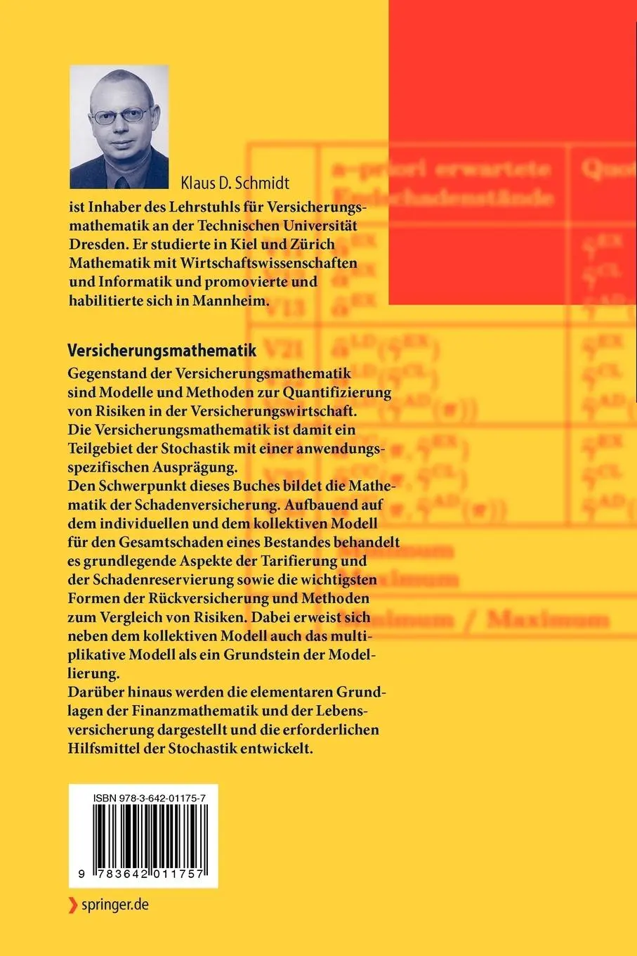 Rückseite: 9783642011757 | Versicherungsmathematik | Klaus D. Schmidt | Taschenbuch | xi | 2009