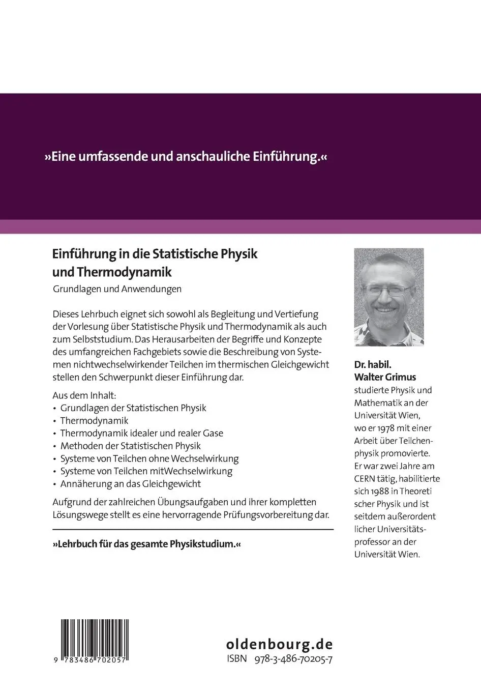 Rückseite: 9783486702057 | Einführung in die Statistische Physik und Thermodynamik | Grimus