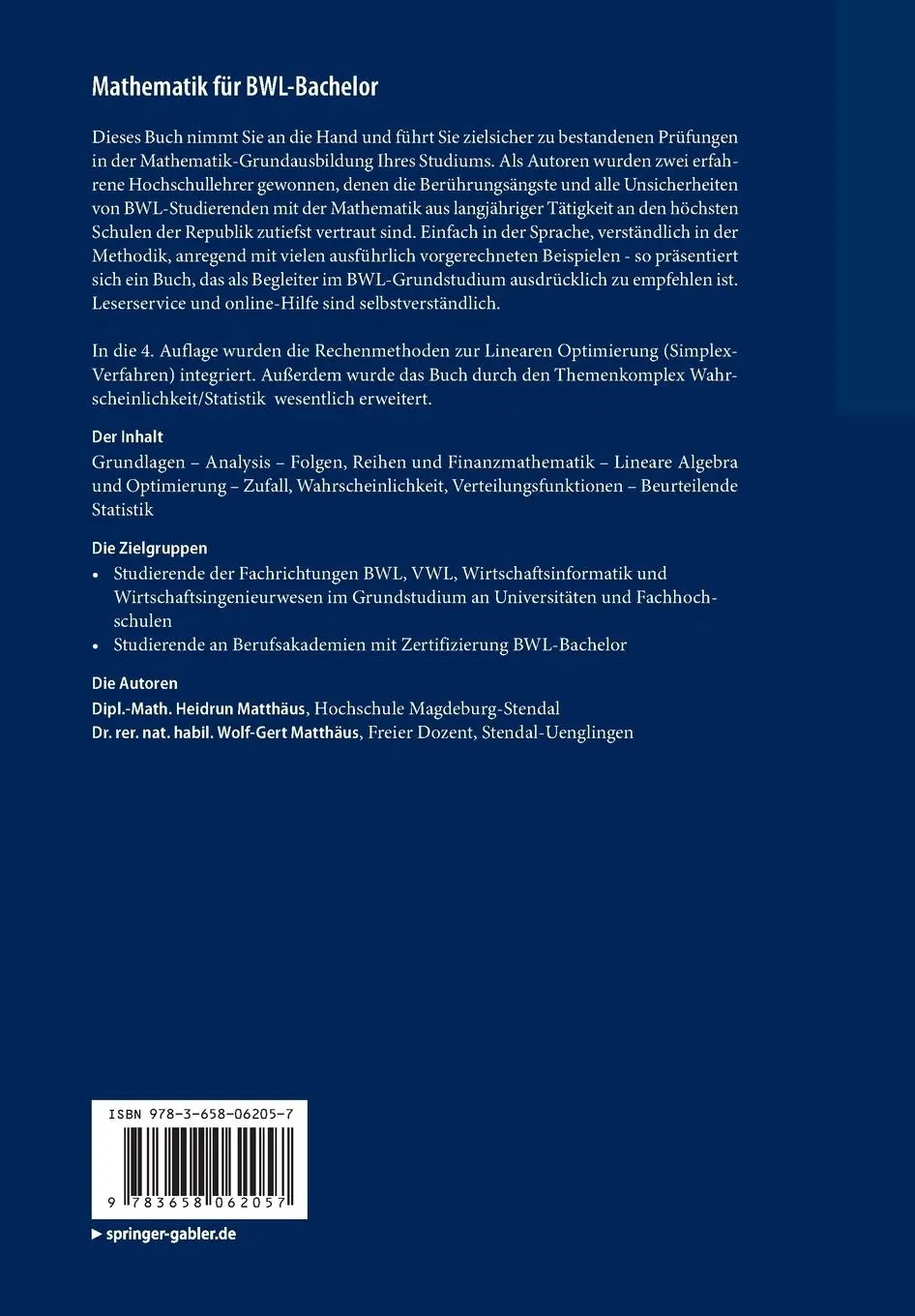 Rückseite: 9783658062057 | Mathematik für BWL-Bachelor | Heidrun Matthäus (u. a.) | Taschenbuch