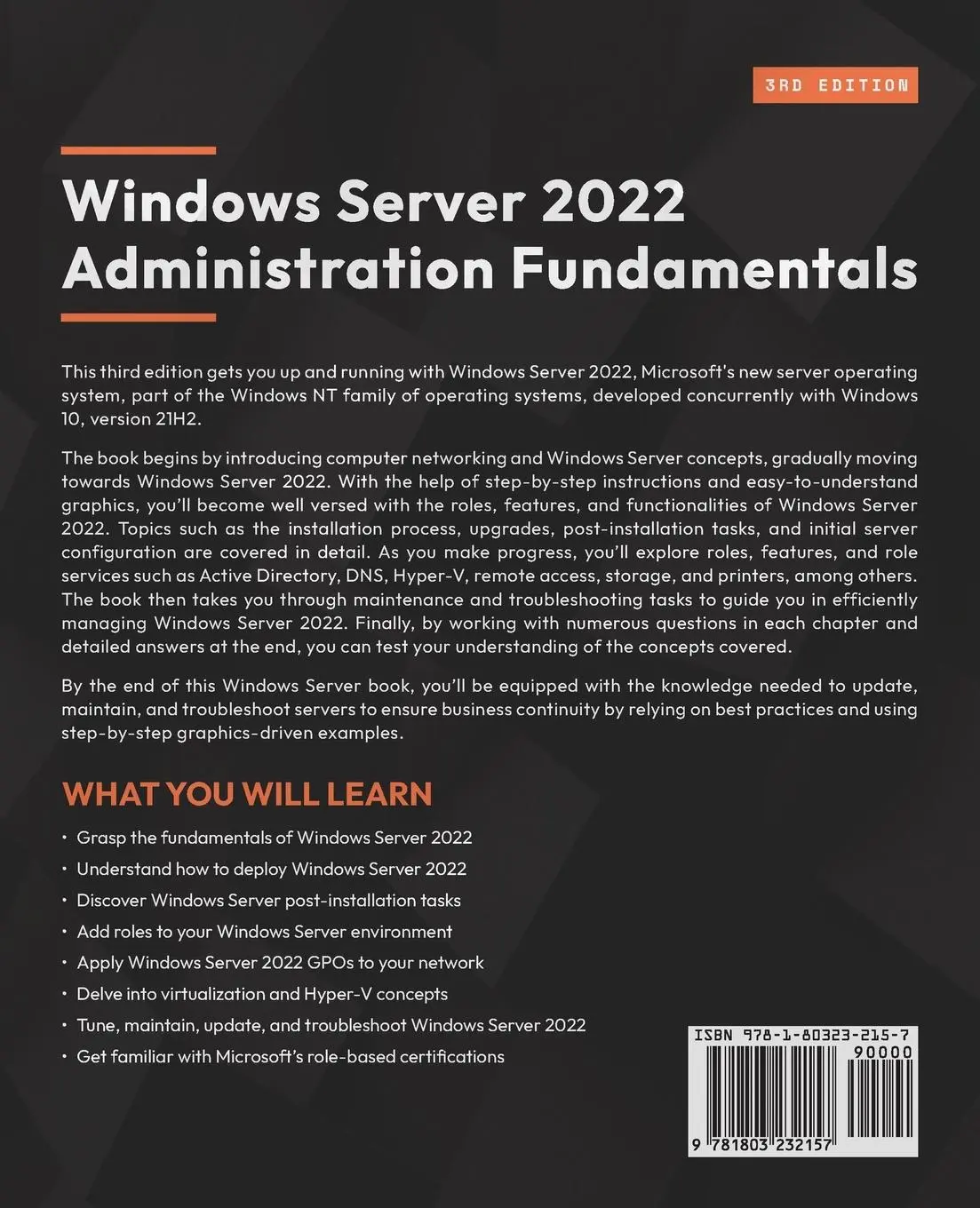 Rückseite: 9781803232157 | Windows Server 2022 Administration Fundamentals - Third Edition | Buch