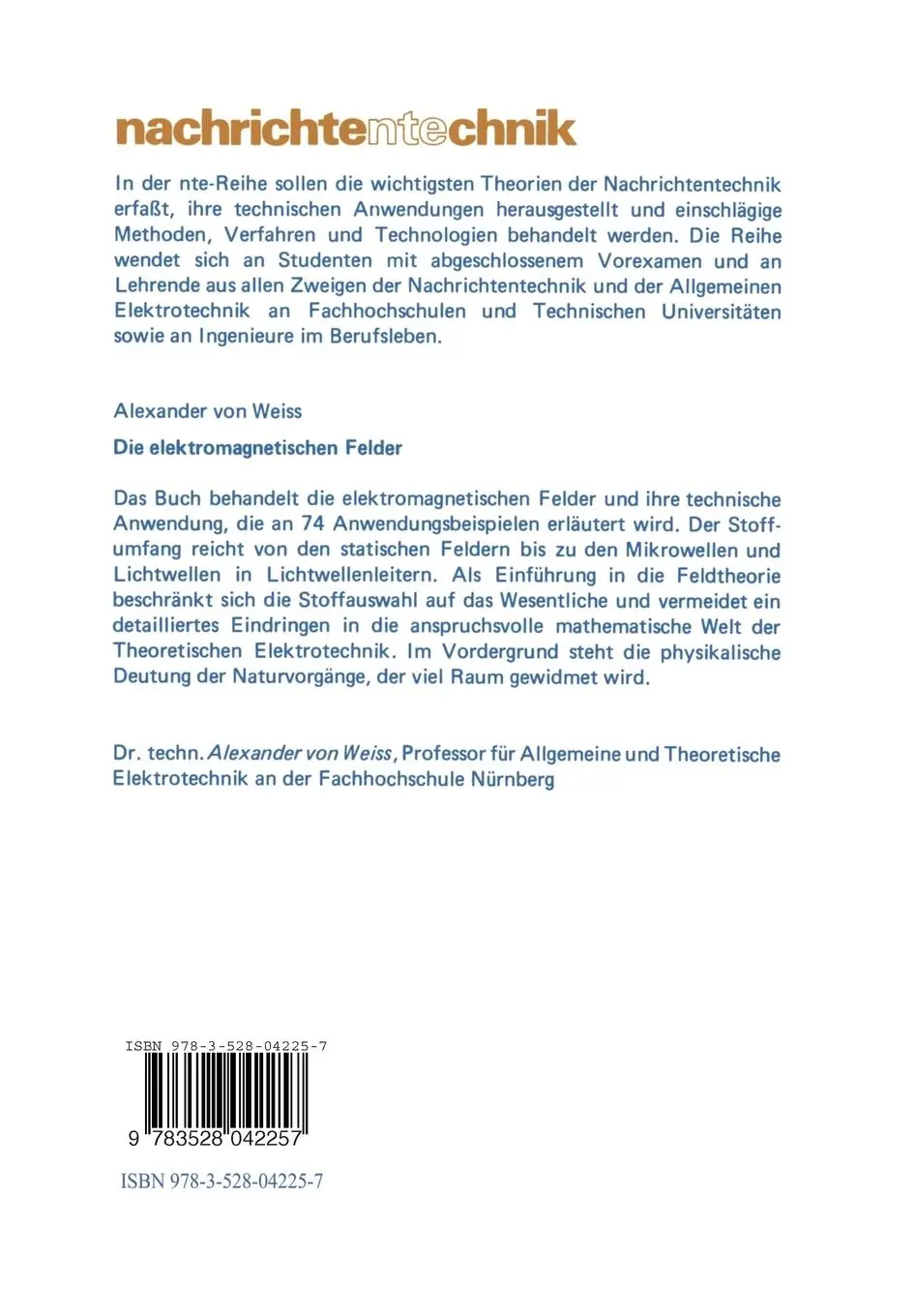 Rückseite: 9783528042257 | Die elektromagnetischen Felder | Alexander von Weiss | Taschenbuch