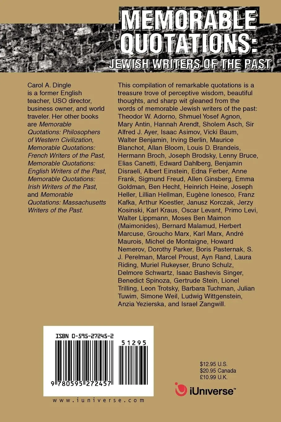 Rückseite: 9780595272457 | Memorable Quotations | Jewish Writers of the Past | Carol A. Dingle