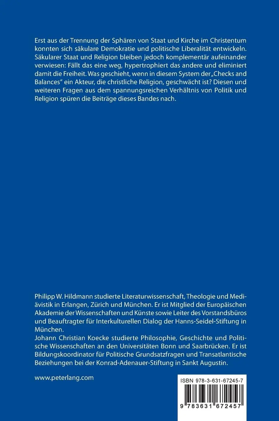 Rückseite: 9783631672457 | Christentum und politische Liberalität | Philipp W. Hildmann (u. a.)
