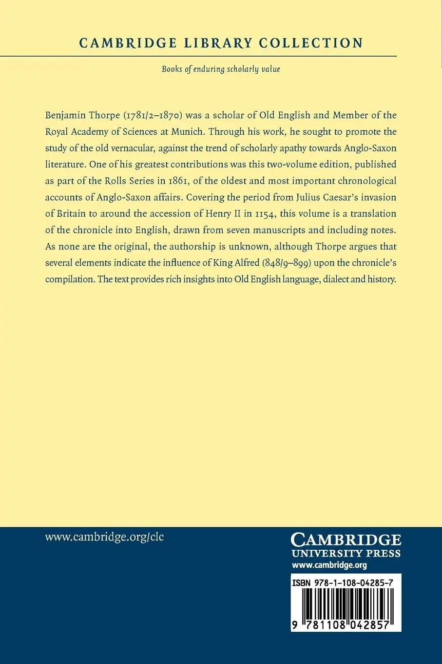 Rückseite: 9781108042857 | The Anglo-Saxon Chronicle - Volume 2 | Benjamin Thorpe | Taschenbuch