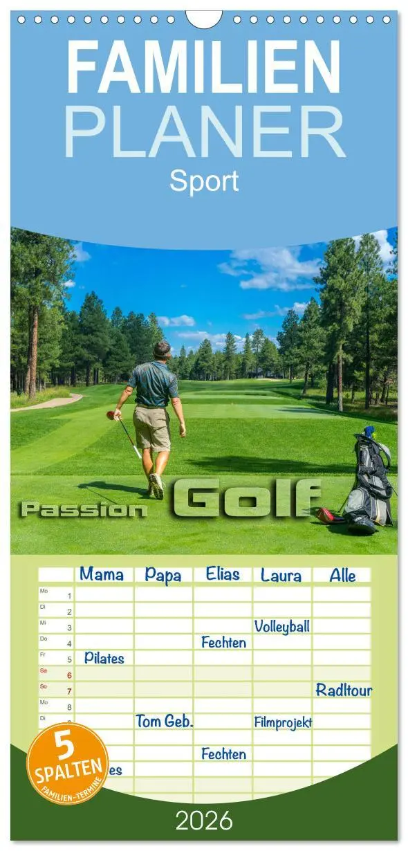Cover: 9783516523157 | Familienplaner 2026 - Passion Golf mit 5 Spalten (Wandkalender, 21...