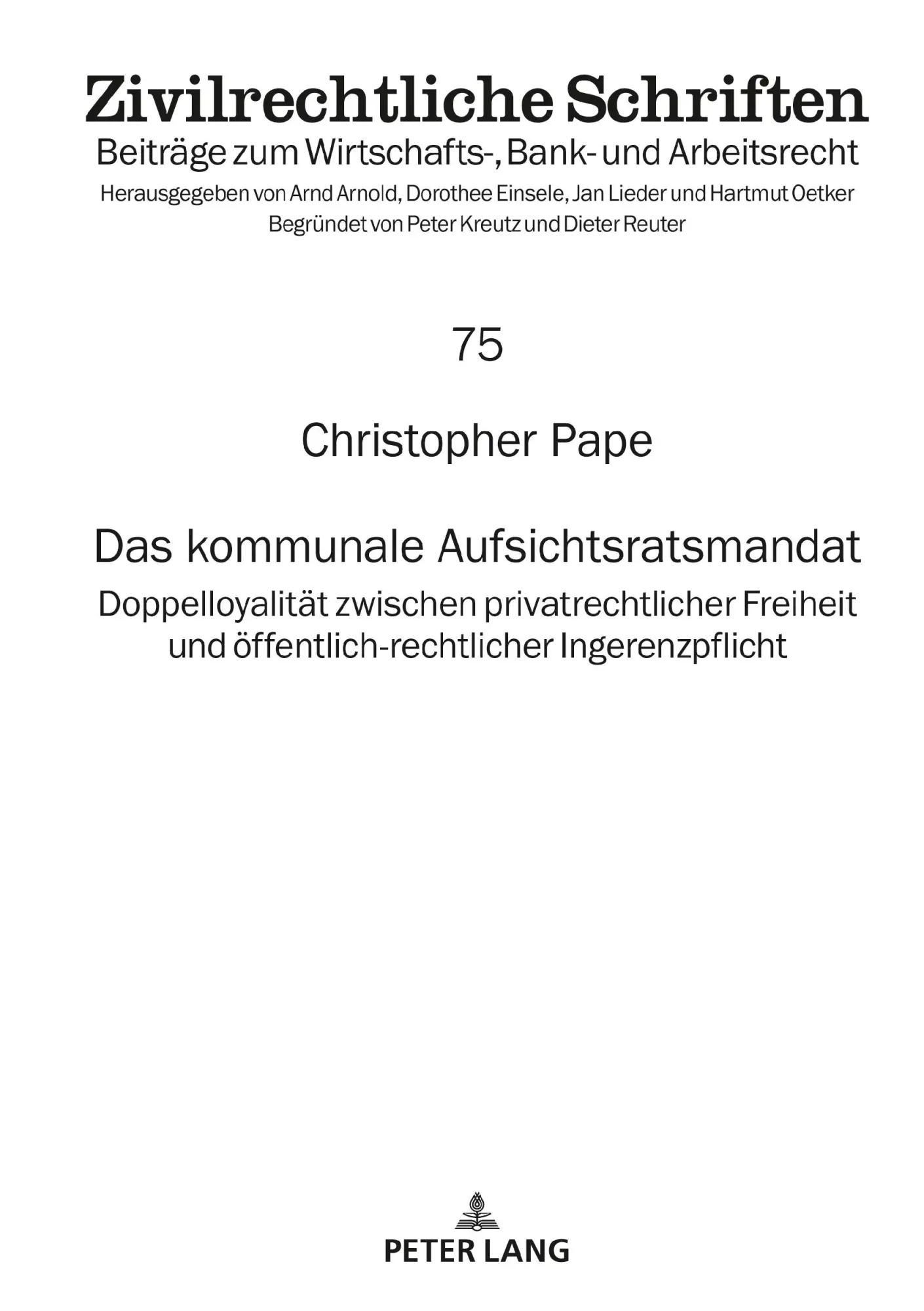 Cover: 9783631813157 | Das kommunale Aufsichtsratsmandat | Christopher Pape | Buch | Gebunden