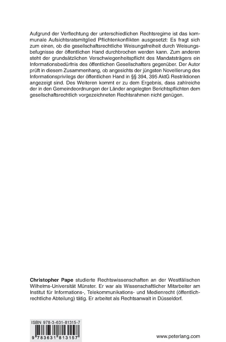 Rückseite: 9783631813157 | Das kommunale Aufsichtsratsmandat | Christopher Pape | Buch | Gebunden